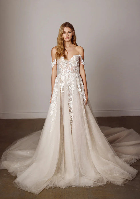 Elegant Off The Shoulder Sweetheart Lace Applique A Line Wedding Dresses